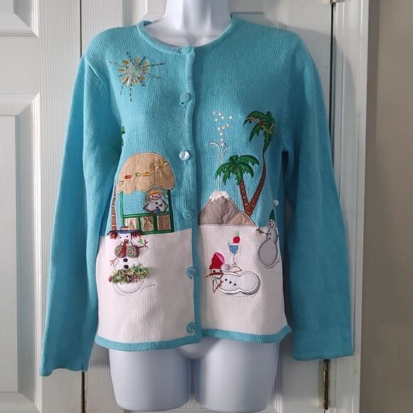 Crystal Kobe beach snowman holiday palm tree frosty cardigan  Sz S - Picture 1 of 7